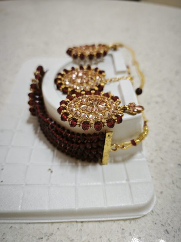 Traditional Stylish Mirror Work Choker Necklace Set with Earring and Maang Tikka For Women (Wine) - Image 5