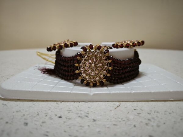 Traditional Stylish Mirror Work Choker Necklace Set with Earring and Maang Tikka For Women (Wine) - Image 2